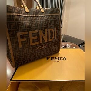 Sunshine Shopper bag made of fabric with brown FF jacquard motif and FENDI ROMA